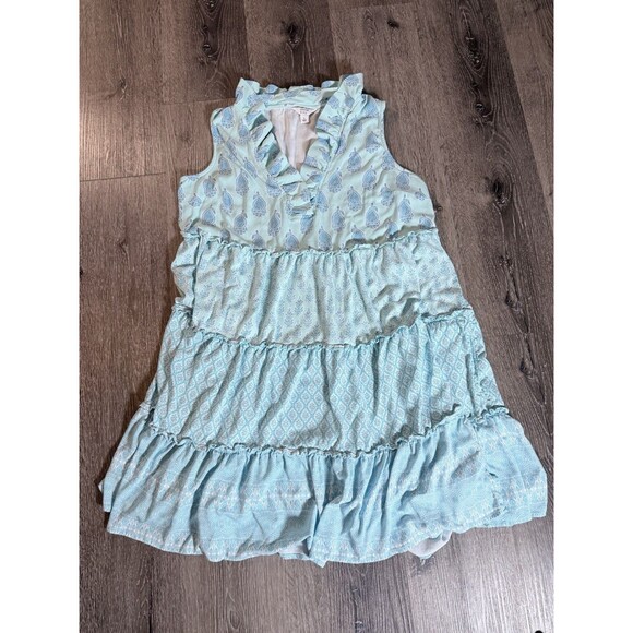 Crown Ivy Aqua Blue Stripe Tiered Ruffle Collar Midi Dress Women's Sz Large - Picture 2 of 7
